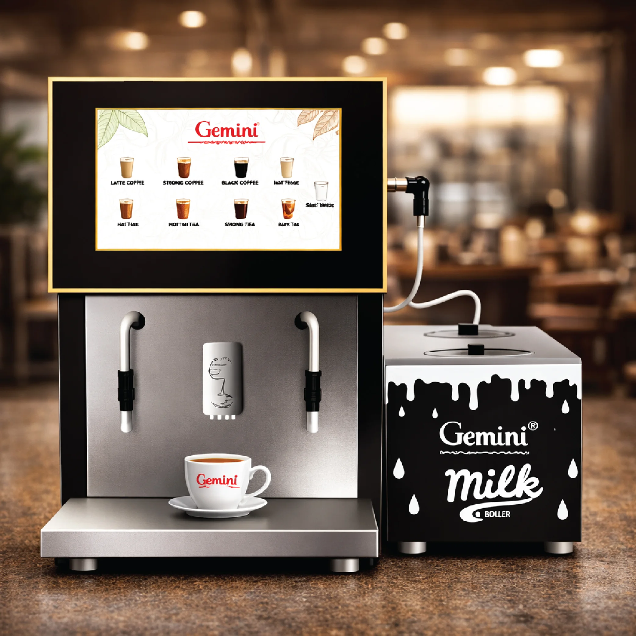Gemini Touch Screen Coffee Machine – Android display with built-in cup dispenser for offices and IT parks